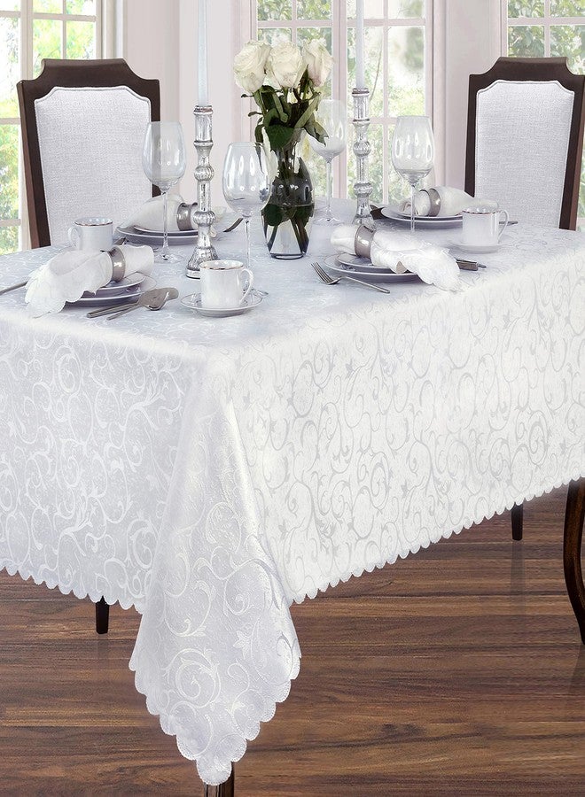 Newbridge Portofino Scalloped Damask Fabric Tablecloth, 52 x 70 Inch Rectangle, White, Wrinkle and Stain Resistant Fine Dining Holiday Party Table Cover - Image 5
