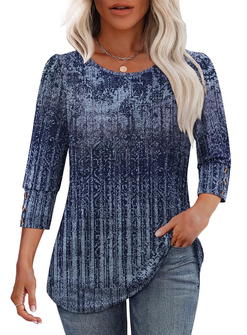 OFEEFAN Plus Size Boho Tops for Women 3/4 Length Sleeve Summer Shirts Dressy Casual Blouses Beach Vacation Clothes Crewneck with Button Cuffs Tie-Dye Navy XL - Image 2