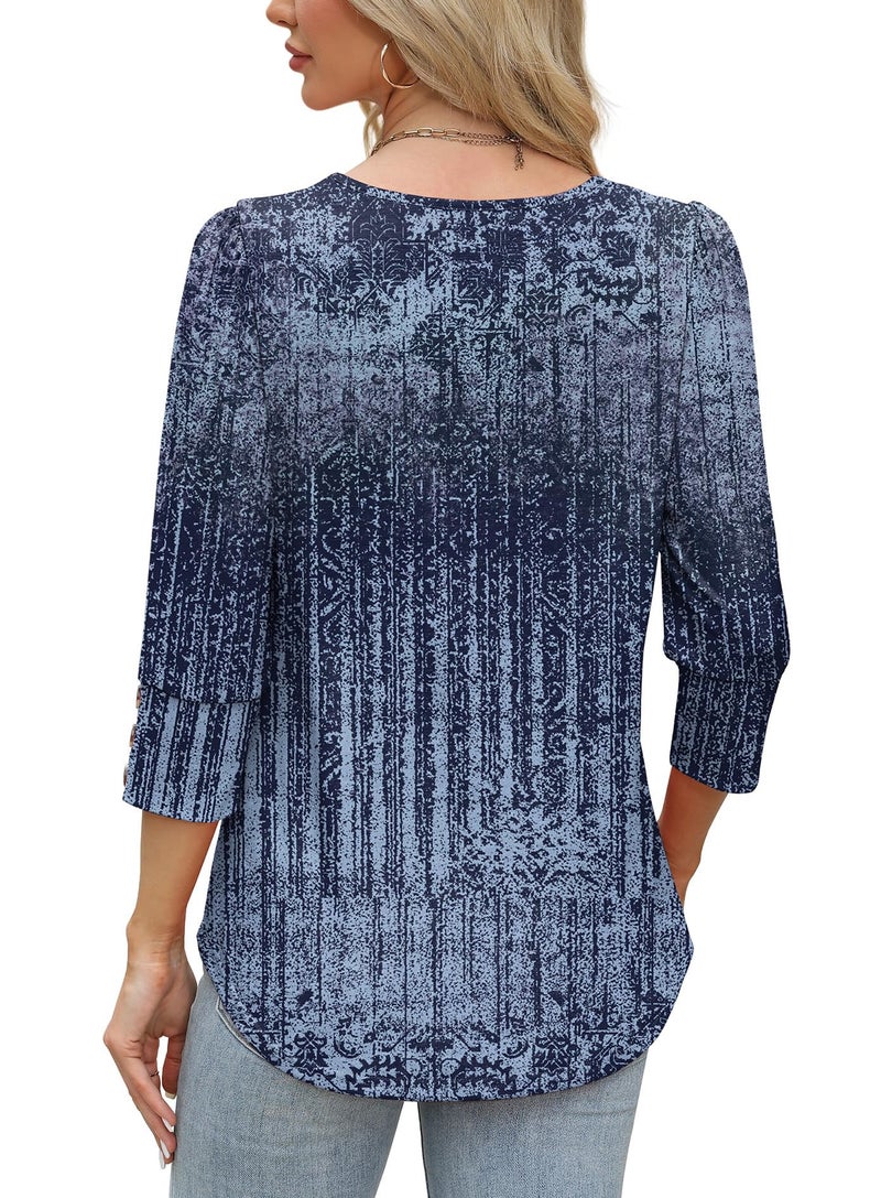 OFEEFAN Plus Size Boho Tops for Women 3/4 Length Sleeve Summer Shirts Dressy Casual Blouses Beach Vacation Clothes Crewneck with Button Cuffs Tie-Dye Navy XL - Image 5