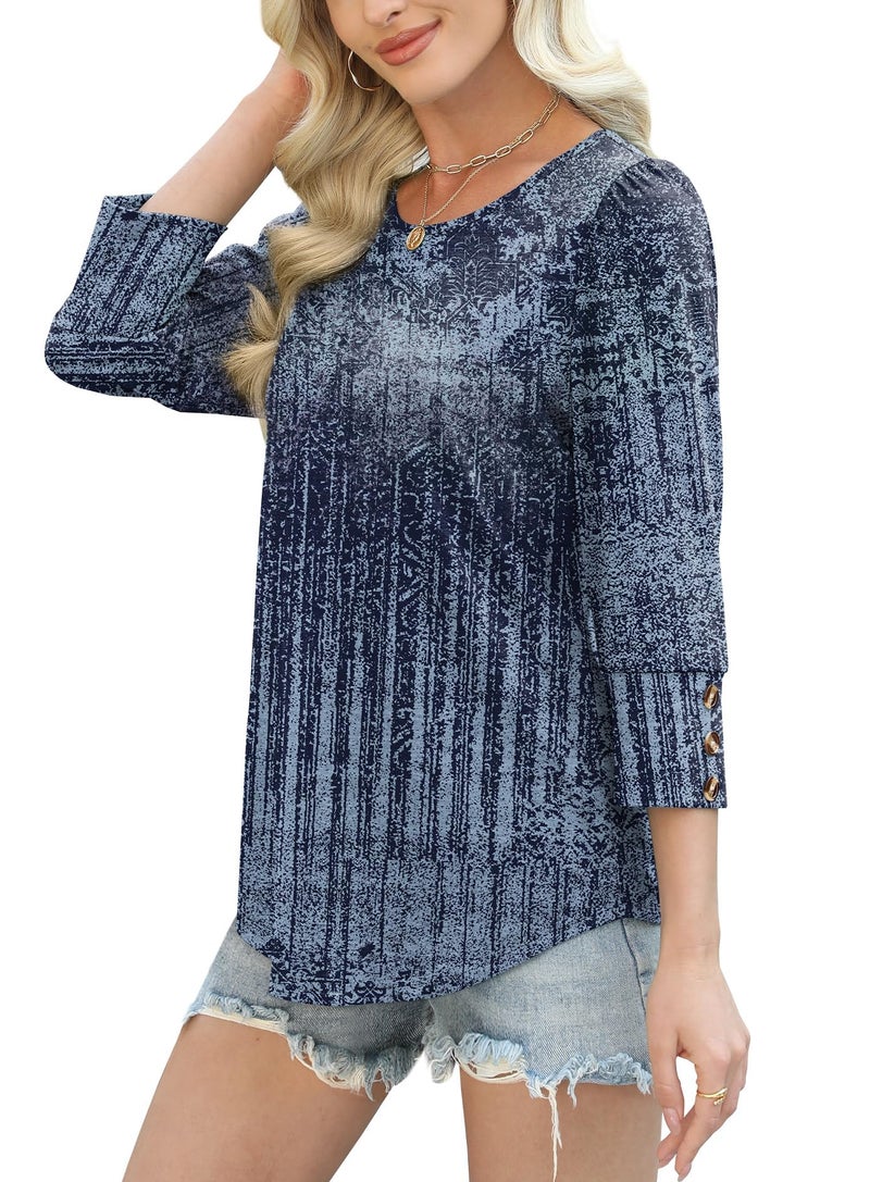 OFEEFAN Plus Size Boho Tops for Women 3/4 Length Sleeve Summer Shirts Dressy Casual Blouses Beach Vacation Clothes Crewneck with Button Cuffs Tie-Dye Navy XL - Image 4