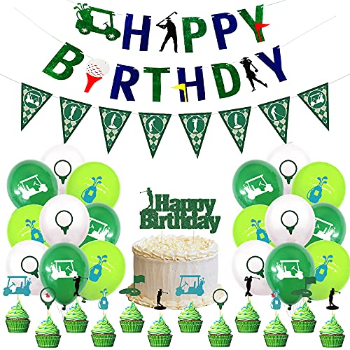 BANBALLON 45PCS Golf Party Supplies with Happy Banner Golf Themed Cake Topper and Cupcake Toppers 12inch Latex Balloons with Golfing Patterns and Golf Pennant for Golf Themed Party Decorations - Image 1