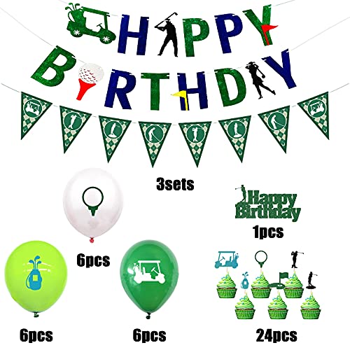 BANBALLON 45PCS Golf Party Supplies with Happy Banner Golf Themed Cake Topper and Cupcake Toppers 12inch Latex Balloons with Golfing Patterns and Golf Pennant for Golf Themed Party Decorations - Image 5