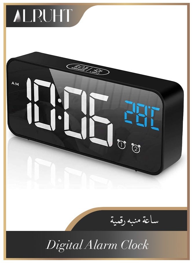 الروهيت ساعات منبهة، ساعة منبه رقمية كبيرة LED مع درجة حرارة، ووظيفة الغفوة، وسطوع قابل للتعديل ومستوى صوت التنبيه، ومنبهات مزدوجة ونغمات رنين متعددة لغرفة النوم، بجانب السرير، وغرفة المعيشة، والمكتب، باللون الأسود  - Image 1