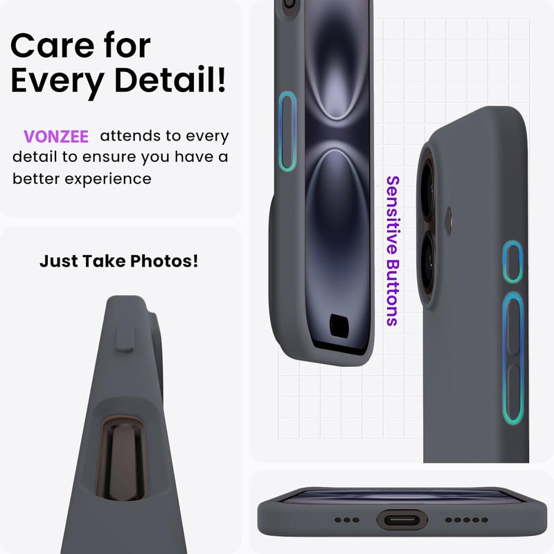 Elzzi غطاء ميكروفايبر مع شعار متوافق مع غطاء آيفون 16 بلس سائل سيليكون كامل الجسم 4 طبقات واقية غطاء خلفي مضاد للصدمات مع حواف كاميرا مرتفعة (6.7 بوصة، رمادي داكن) - Image 5