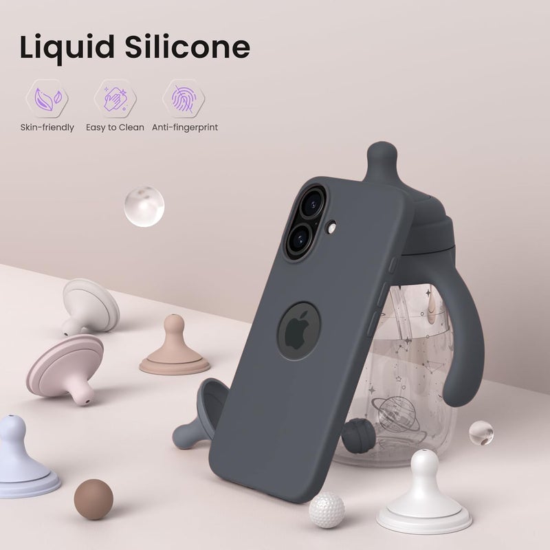 Elzzi غطاء ميكروفايبر مع شعار متوافق مع غطاء آيفون 16 بلس سائل سيليكون كامل الجسم 4 طبقات واقية غطاء خلفي مضاد للصدمات مع حواف كاميرا مرتفعة (6.7 بوصة، رمادي داكن) - Image 3