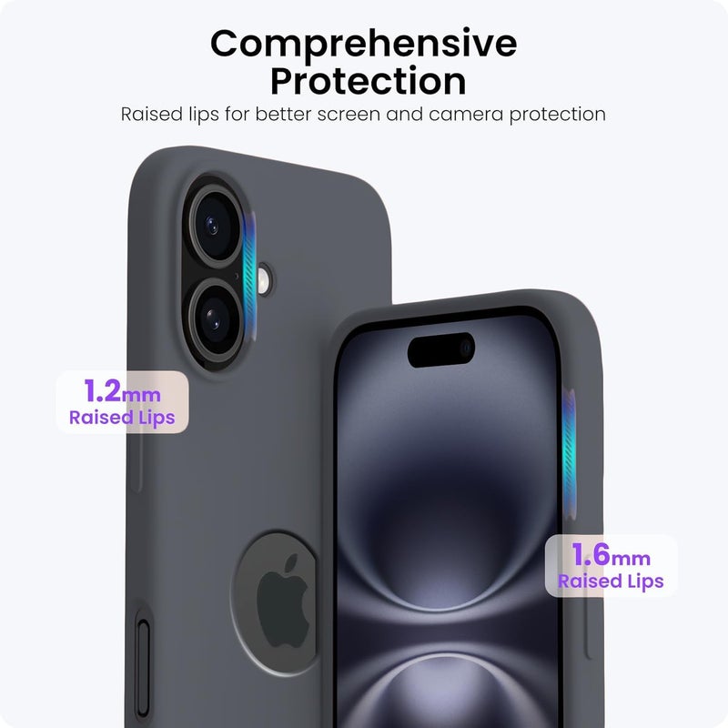 Elzzi غطاء ميكروفايبر مع شعار متوافق مع غطاء آيفون 16 بلس سائل سيليكون كامل الجسم 4 طبقات واقية غطاء خلفي مضاد للصدمات مع حواف كاميرا مرتفعة (6.7 بوصة، رمادي داكن) - Image 4