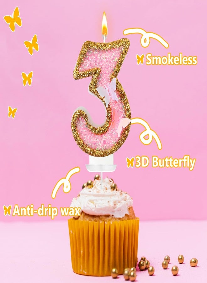 JonesLi Birthday Candle for Cake, Butterfly 3th Party Decor, Gold Pink Number 3 Candle, Large Glitter Cake Topper for Wedding & Birthday - Image 3