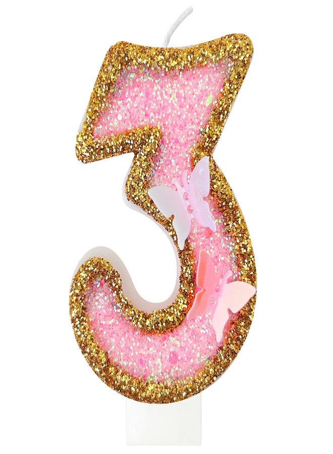 JonesLi Birthday Candle for Cake, Butterfly 3th Party Decor, Gold Pink Number 3 Candle, Large Glitter Cake Topper for Wedding & Birthday - Image 1
