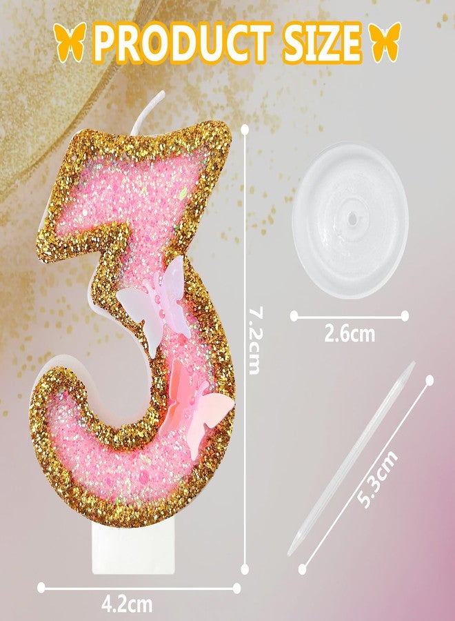 JonesLi Birthday Candle for Cake, Butterfly 3th Party Decor, Gold Pink Number 3 Candle, Large Glitter Cake Topper for Wedding & Birthday - Image 2