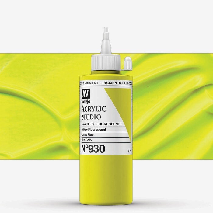 Vallejo Professional Fluorescent Acrylic Paint for Artists & Studios – Fluorescent Yellow, High Intensity Color on Canvas & Wood – 200ml - Image 1