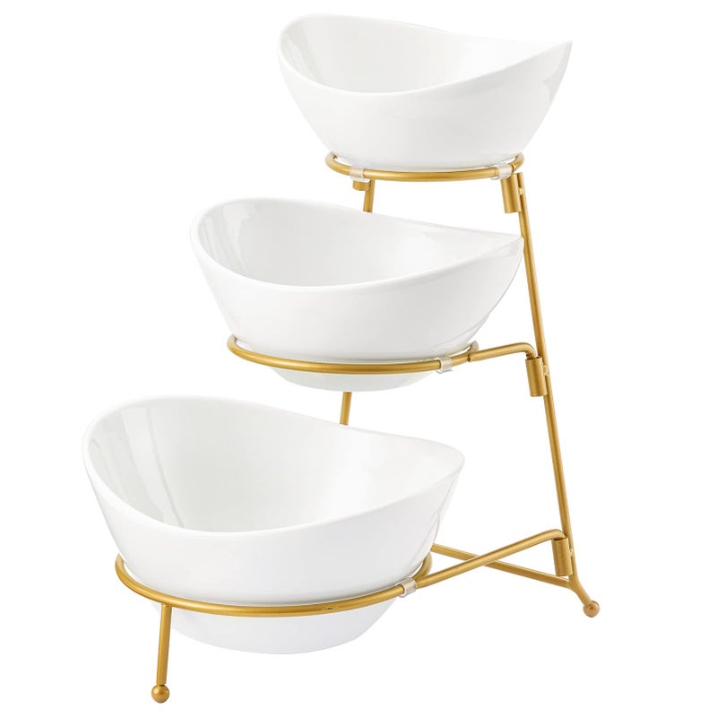 hblife HBlife 3 Tier Serving Stand Oval Serving Bowl with Metal Rack Ceramic Serving Dishes Chip and Dip Serving Set Food Display Dessert Appetizer Candy Bowl Tied Serving Trays for Parties Gold 