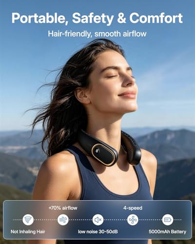 SHEWIND Portable Neck Fan 5000mAh Rechargeable HandsFree Wearable Fan 4 Speeds Bladeless LED Display Personal Cooling Fan for Travel Outdoors Camping Black - Image 3