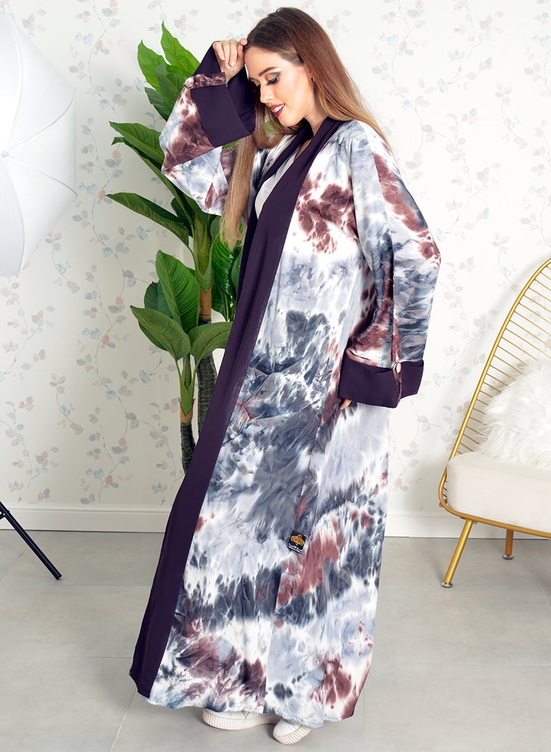 Bousni Tie & dye bisht abaya with matching chiffon trimming and sheila  - Image 1