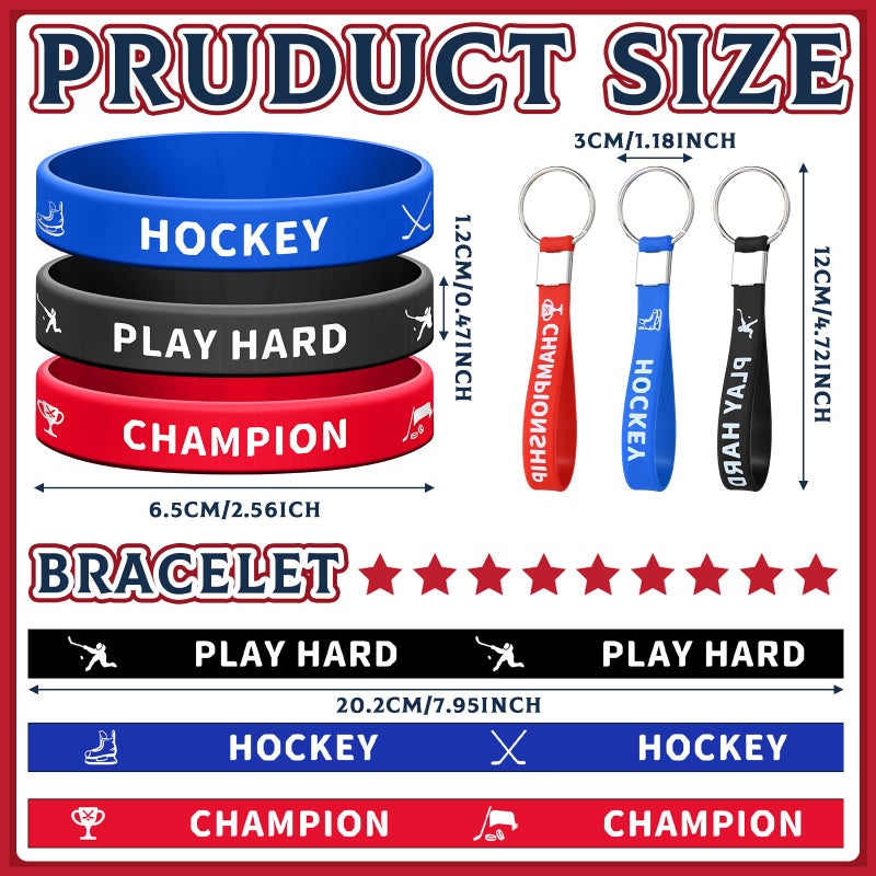 Hungdao 98 Pcs Hockey Party Favors Include 12 Ice Hockey Pencil with Eraser 12 Foam Knee Ball 12 Silicone Bracelet 12 Motivational Keychain 50 Sheet Sticker for Sport Team Birthday Party Supplies Gift - Image 3