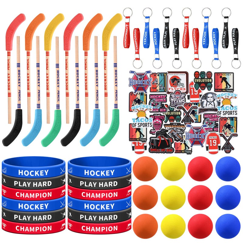 Hungdao 98 Pcs Hockey Party Favors Include 12 Ice Hockey Pencil with Eraser 12 Foam Knee Ball 12 Silicone Bracelet 12 Motivational Keychain 50 Sheet Sticker for Sport Team Birthday Party Supplies Gift - Image 2
