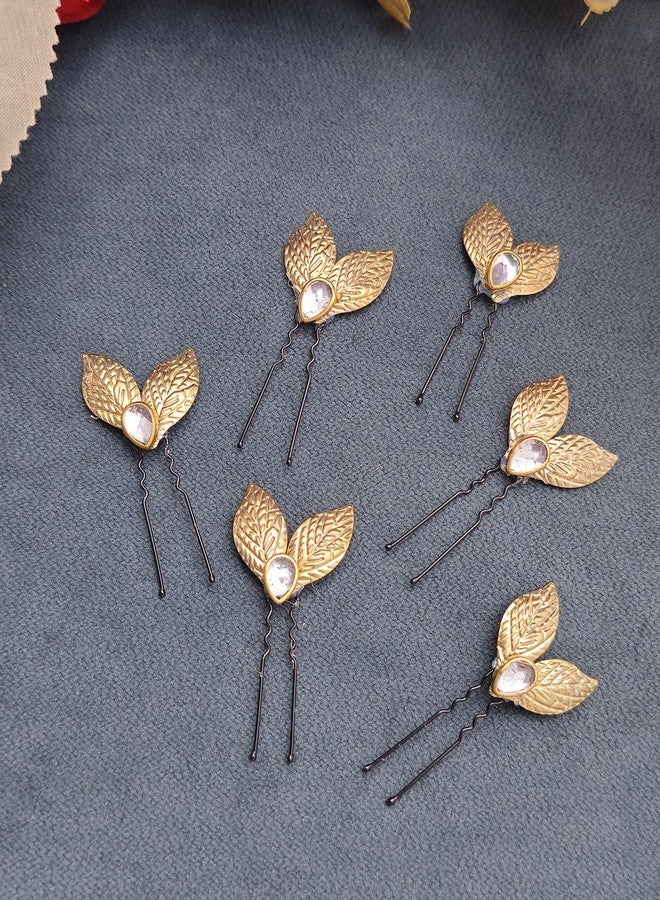 Twinsho Bridal Kundan Gold Leaf Hair Pins with Crystal Accent, Wedding Kundan Hair Pin Accessories for Women and Girls, Set of 6 - Image 2