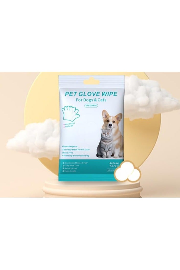 مناديل تنظيف قفازات الحيوانات الأليفة - 6 قطع من قفازات العناية سهلة التنظيف للقطط والكلاب - مناديل ناعمة للاستخدام مرة واحدة، لا تحتاج إلى شطف، للكفوف والفراء والوجه