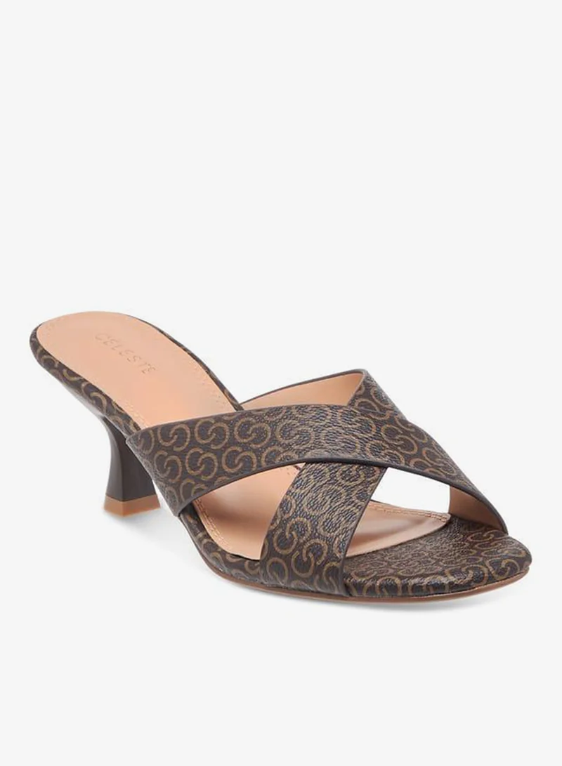 Celeste Women's Monogram Print Slip-On Sandals with Flared Heels