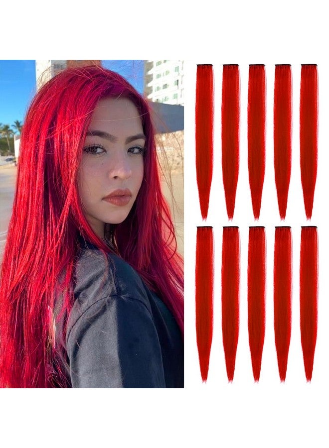 TOFAFA 22 Inch Colored Hair Extensions Straight Hairpiece Multicolors Party Highlights Clip In Synthetic Hair Extensions (10 Pcs Red) - Image 1