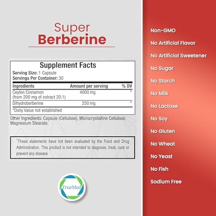 TRUEMED Super Berberine Supplement 4250mg | High Potency Berberine with Ceylon Cinnamon & Dihydroberberine for Daily Wellness, Cardiovascular & Metabolic Support – 30 Capsules, Made in USA - Image 3
