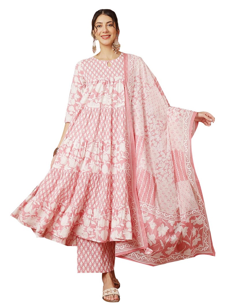 Kimayra Women's Cotton Calf Length Printed Round Neck Anarkali Kurta Suit Set(KIM9031PC3PINK_S, Pink) - Image 5