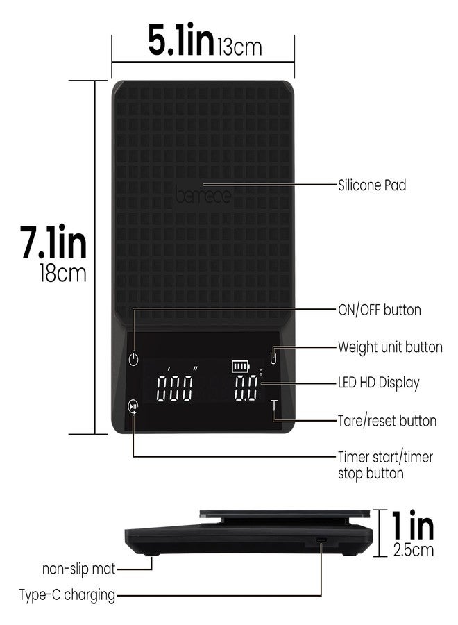 bemece 0.1g Precision Coffee Scale with Timer, Digital Espresso Scale with Back-Lit LCD Display, IPX6 Waterproof Drip Espresso Scale, 3 Units of Measurement for Espresso, French Press, Kitchen Use - Image 4