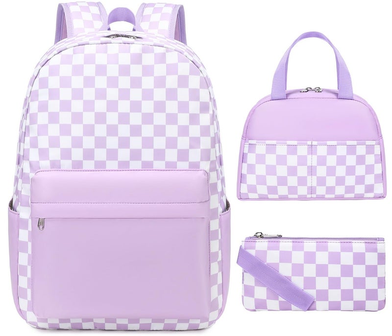 UREYMX 3Pcs Checkered Backpack Sets with Lunch Box and Pencil Case School Backpack Boys Girls Backpacks for Kids Large Capacity Waterproof Lightweight Backpack Purple - Image 2