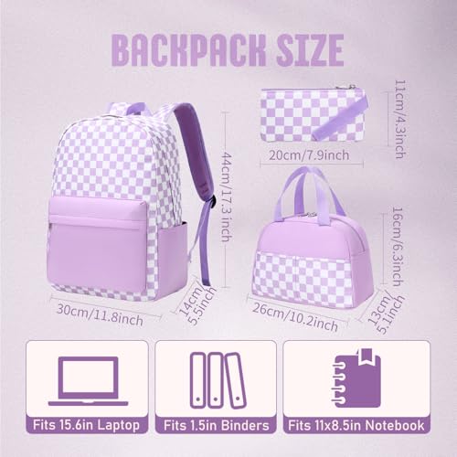 UREYMX 3Pcs Checkered Backpack Sets with Lunch Box and Pencil Case School Backpack Boys Girls Backpacks for Kids Large Capacity Waterproof Lightweight Backpack Purple - Image 3