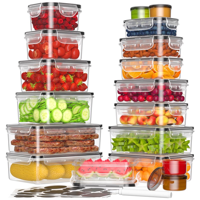 KEMETHY 36Piece Food Storage Containers with Lids18 Container 18 Lid Plastic Food Containers for Pantry Kitchen Storage and Organization BPAFree Leak Proof Reusable with Labels Pen