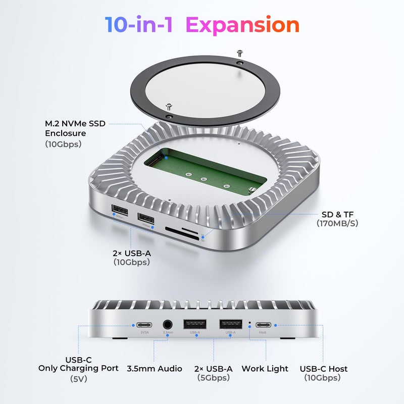 Raycue Mac mini M4 Dock & Stand with 8T NVMe SSD Enclosure, 2 USB A 10Gbps,10G USB C Data Port, 5G USB A*2, USB-C Charge, SD/TF, Audio for Mac mini M4/ M4 Pro - Image 4