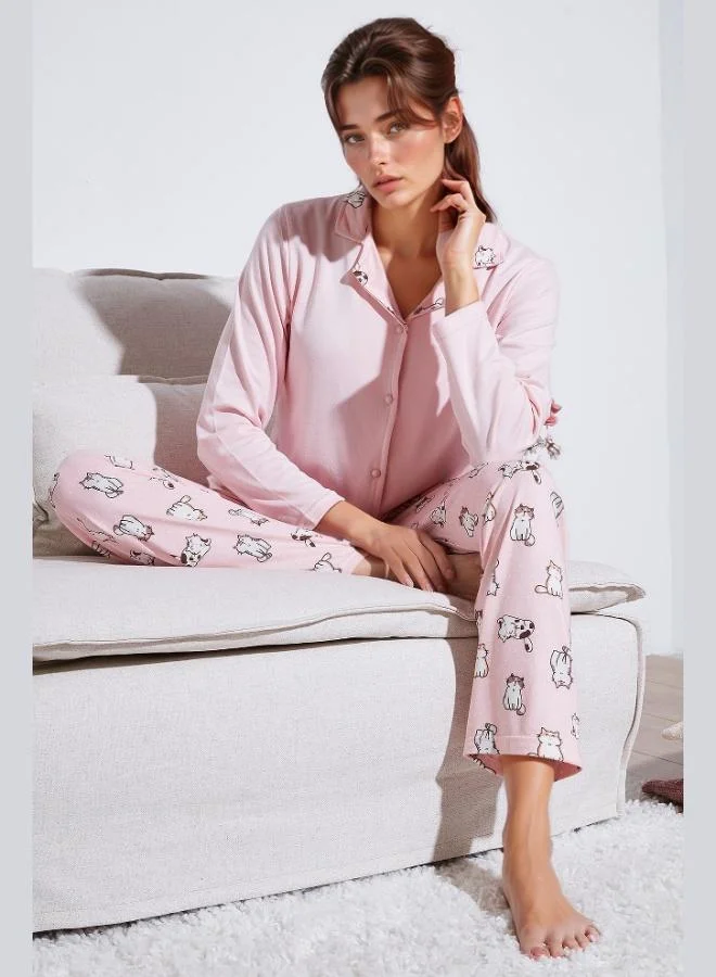 Lela Lela Patterned Regular Fit Apache Collar Elastic Waist Wide Leg Pajama Set Women's PAJAMA SET 65714300