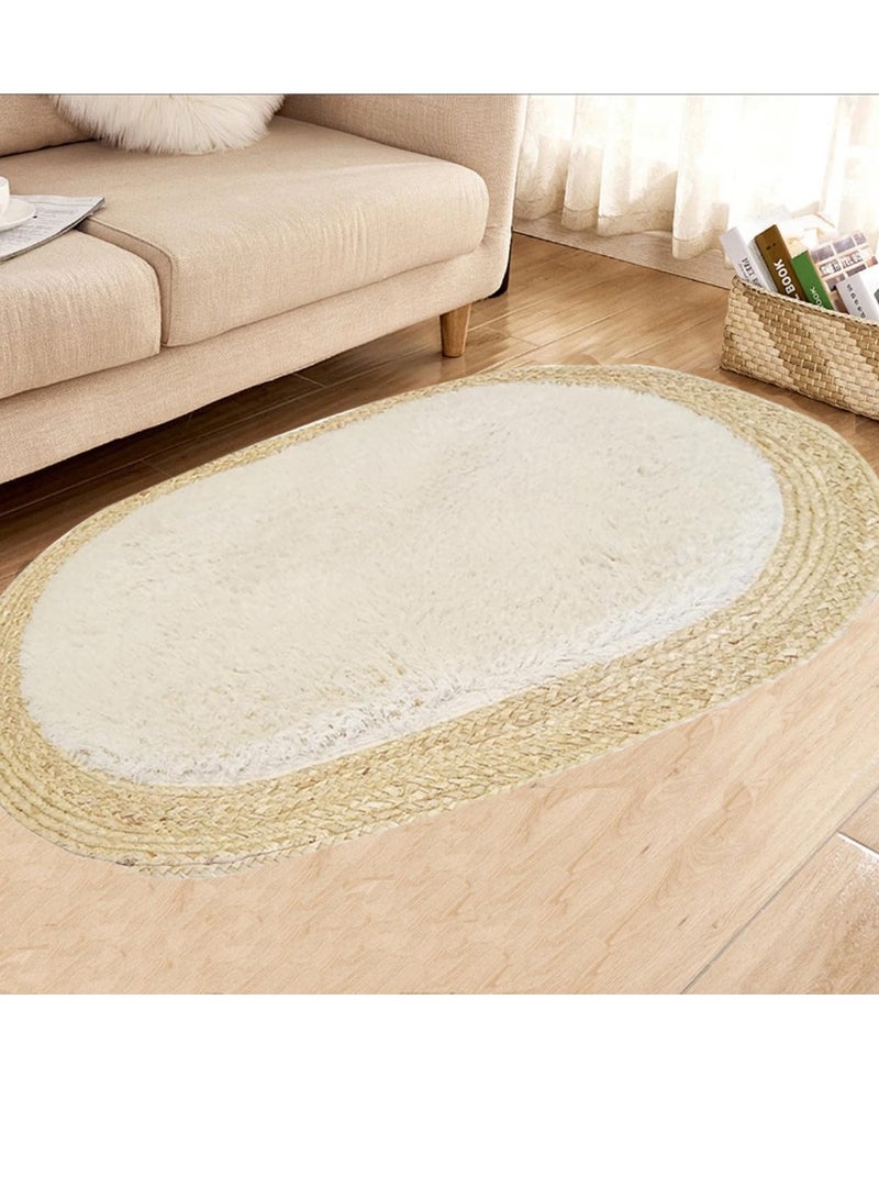 سجادة منطقة بيضاوية من الجوت والأبيض - سجادة ناعمة وصديقة للبيئة من الألياف الطبيعية لغرفة المعيشة وغرفة النوم وغرفة الأطفال - تصميم بيضاوي أنيق - Image 1