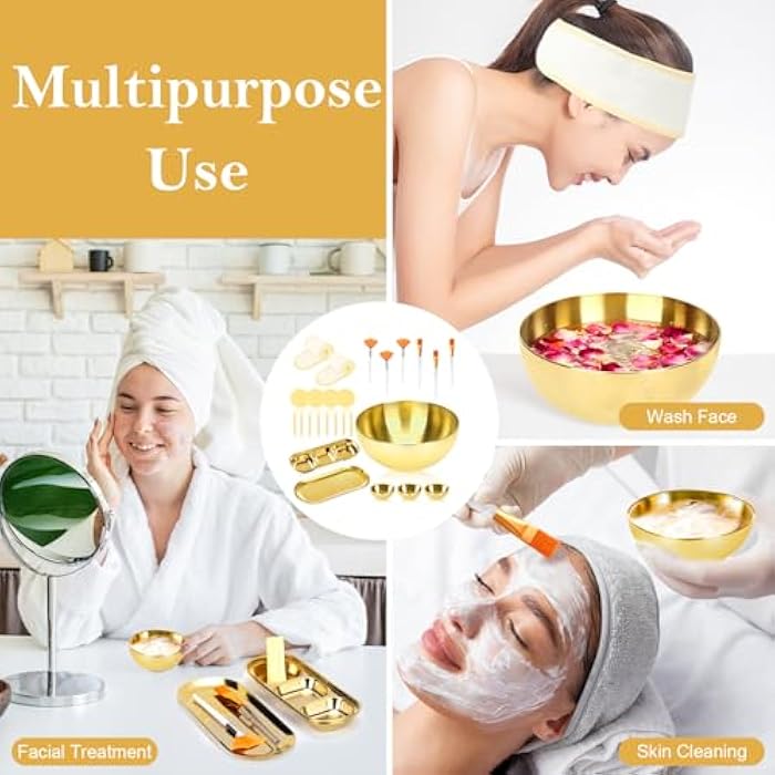 DLUGOPIS 26 Gold Esthetician Supplies 3 Fan Brushes Esthetician 3 Facial Mask Mixing Bowls Large Gold Serving Bowls 3 Facial Flat Brushes Skincare Tray 3-Section Serving Tray 12 Facial Sponges 2 Spa Headbands - Image 4