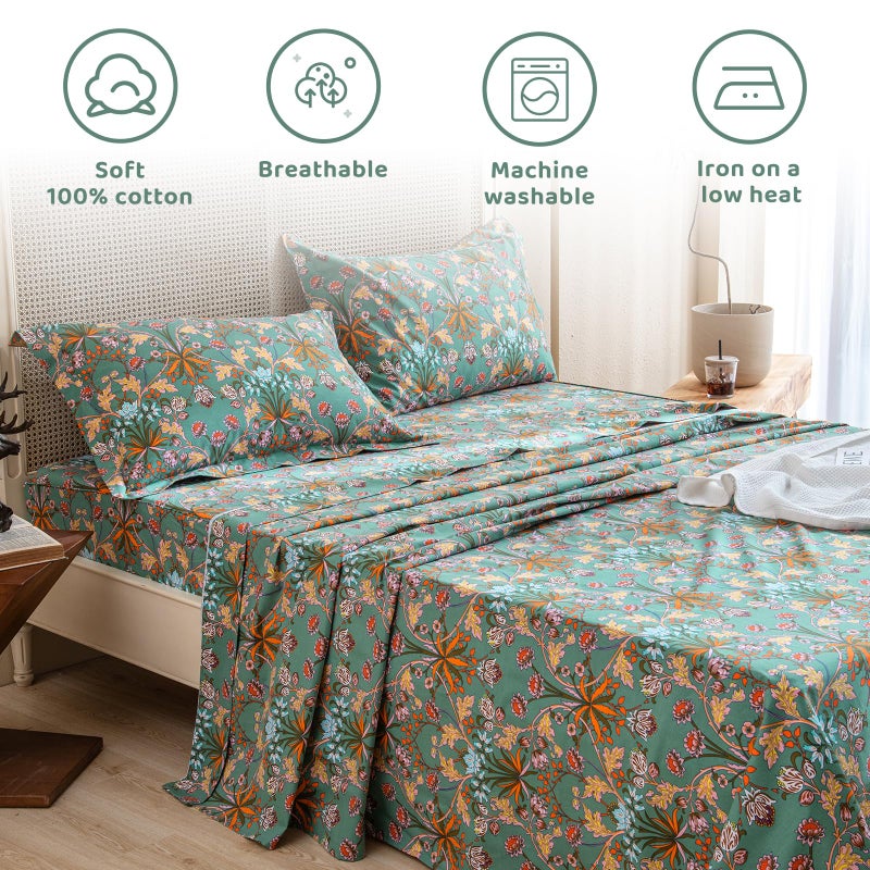 QSH 100% Cotton Sheets Queen Size Bed, Floral Plant Pattern Botanical Luxury Cotton Printed Floral Sheets Size Sets Extra Soft and Breathable 4pcs Deep Pockets Bedding Sheet - Image 4