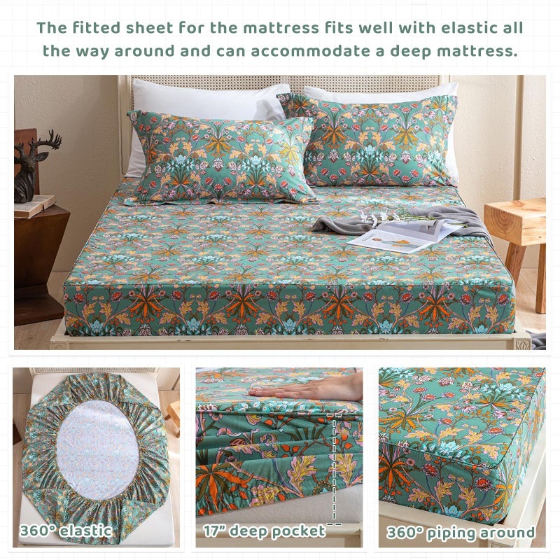 QSH 100% Cotton Sheets Queen Size Bed, Floral Plant Pattern Botanical Luxury Cotton Printed Floral Sheets Size Sets Extra Soft and Breathable 4pcs Deep Pockets Bedding Sheet - Image 3