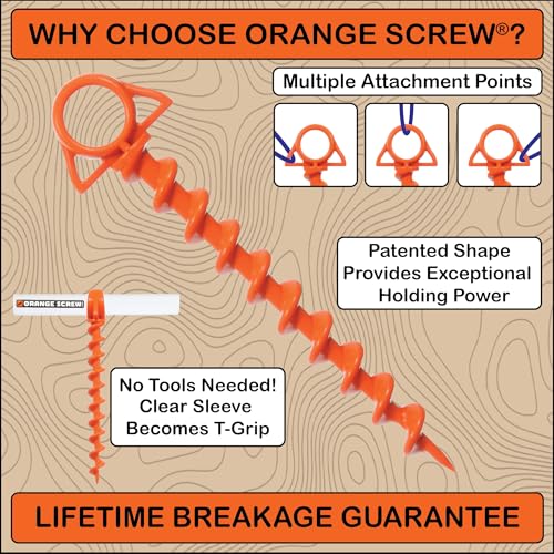 Orange Screw براغي برتقالية: دعامات أرضية ثقيلة الوزن للتخييم في الرياح القوية، الرمال، والأكشاك - مصنوعة في الولايات المتحدة، تشمل أداة T-Grip - (كبير، عبوة فردية، برتقالي) - Image 2