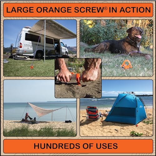 Orange Screw براغي برتقالية: دعامات أرضية ثقيلة الوزن للتخييم في الرياح القوية، الرمال، والأكشاك - مصنوعة في الولايات المتحدة، تشمل أداة T-Grip - (كبير، عبوة فردية، برتقالي) - Image 5