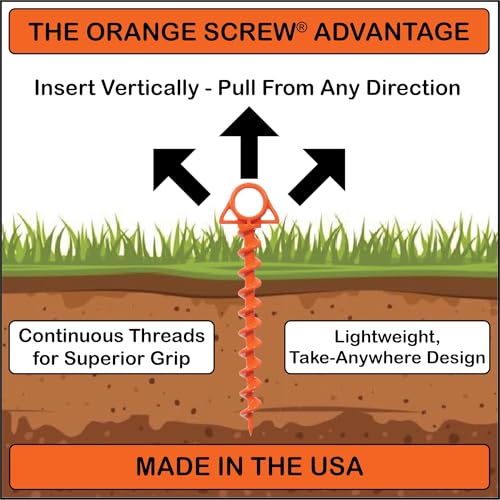 Orange Screw براغي برتقالية: دعامات أرضية ثقيلة الوزن للتخييم في الرياح القوية، الرمال، والأكشاك - مصنوعة في الولايات المتحدة، تشمل أداة T-Grip - (كبير، عبوة فردية، برتقالي) - Image 3