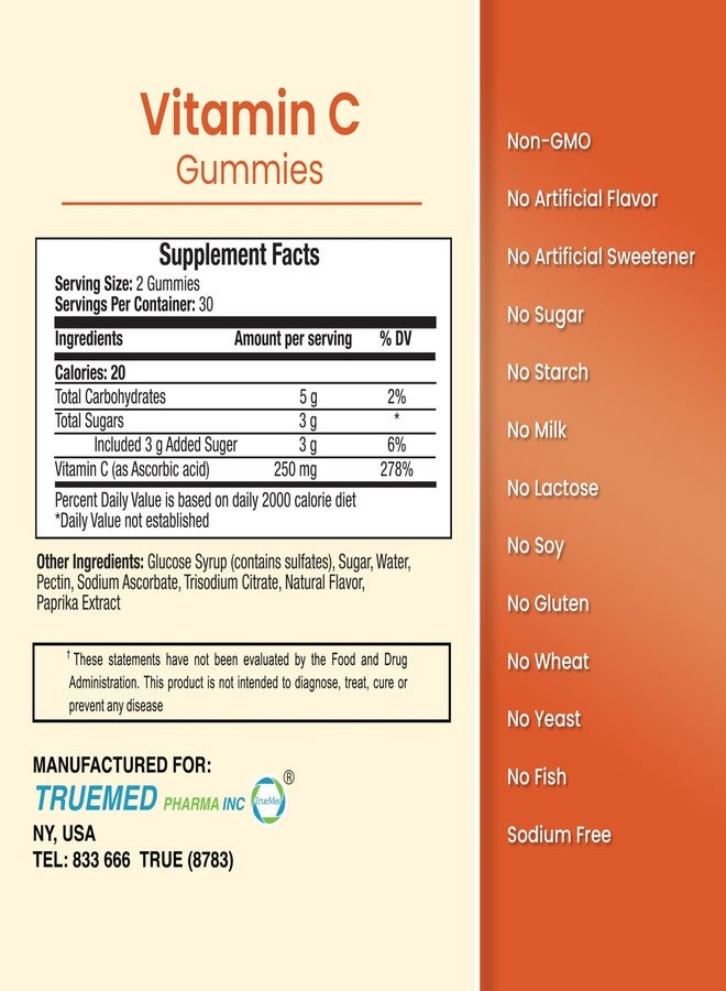 TRUEMED Chewable Vitamin C Gummies for Adults - Vitamin C Chewable 250mg with Zinc and Probiotics for Daily Immune Support - Non-GMO, Gluten Free - 60 Count - Made in USA - Image 2
