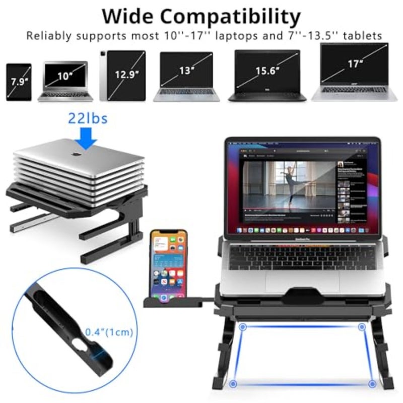 Laptop Stand, 20 Angles Two-Layer Height Adjustable Laptop Stands, Portable Laptop Riser with 360 Rotating Base Storage Space and Extra Phone Holders Compatible with 10''-17'' Laptops Black - Image 2