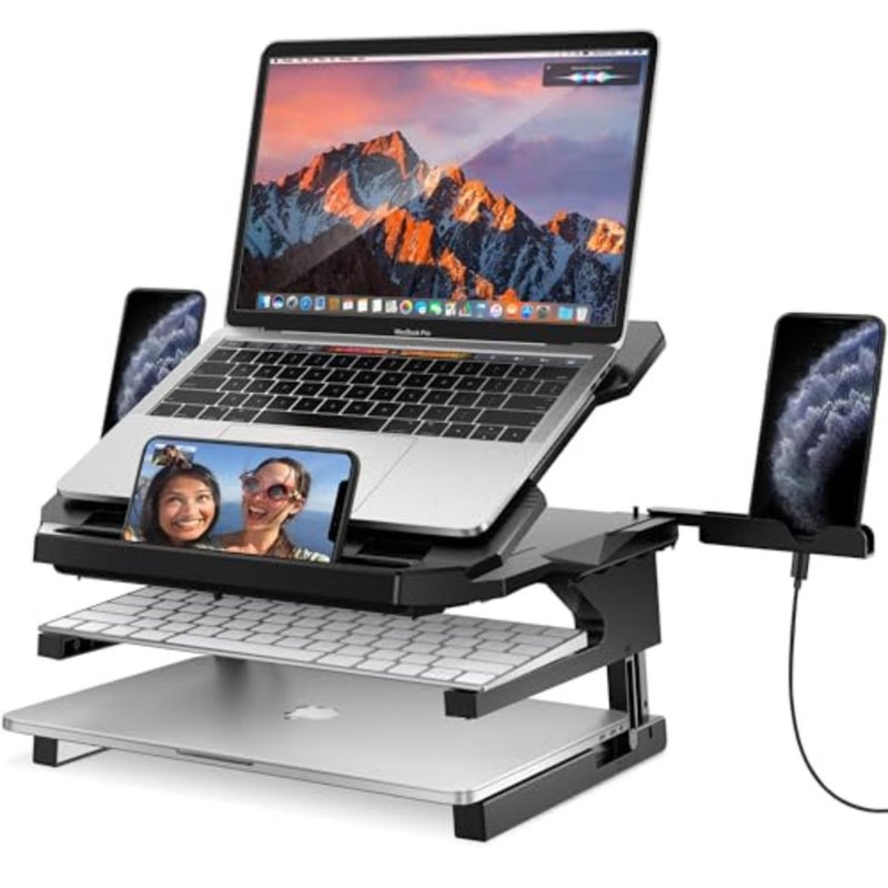 Laptop Stand, 20 Angles Two-Layer Height Adjustable Laptop Stands, Portable Laptop Riser with 360 Rotating Base Storage Space and Extra Phone Holders Compatible with 10''-17'' Laptops Black - Image 1