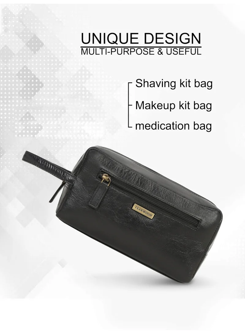 Teakwood  Teakwood Essentials Genuine Leather Travel Toiletry Bag | Large Capacity Cosmetic & Grooming Organizer | Front Zipper Pocket | Spacious Main Storage | Easy-Carry Wrist Handle | Travel Wash Bag for Men & Women | Black  | Best Price UAE