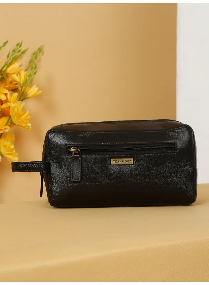 Teakwood  Teakwood Essentials Genuine Leather Travel Toiletry Bag | Large Capacity Cosmetic & Grooming Organizer | Front Zipper Pocket | Spacious Main Storage | Easy-Carry Wrist Handle | Travel Wash Bag for Men & Women | Black  | Best Price UAE