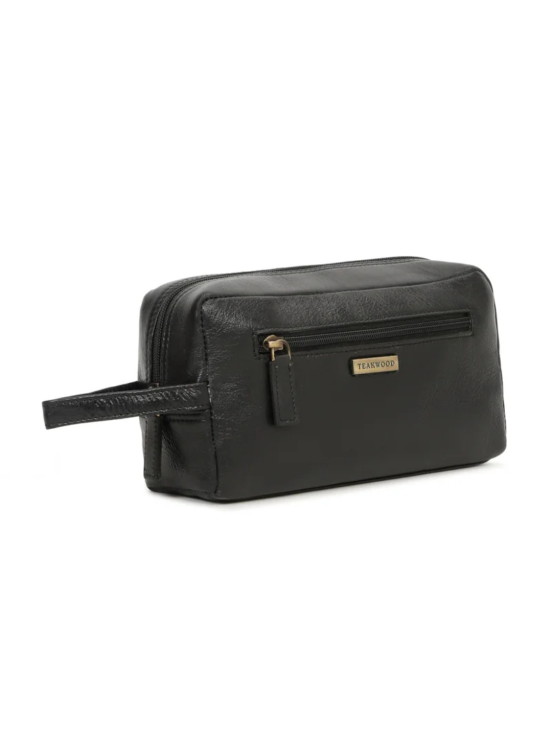 تيك وود Teakwood Essentials Genuine Leather Travel Toiletry Bag | Large Capacity Cosmetic & Grooming Organizer | Front Zipper Pocket | Spacious Main Storage | Easy-Carry Wrist Handle | Travel Wash Bag for Men & Women | Black