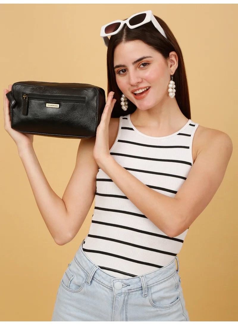 Teakwood  Teakwood Essentials Genuine Leather Travel Toiletry Bag | Large Capacity Cosmetic & Grooming Organizer | Front Zipper Pocket | Spacious Main Storage | Easy-Carry Wrist Handle | Travel Wash Bag for Men & Women | Black  | Best Price UAE