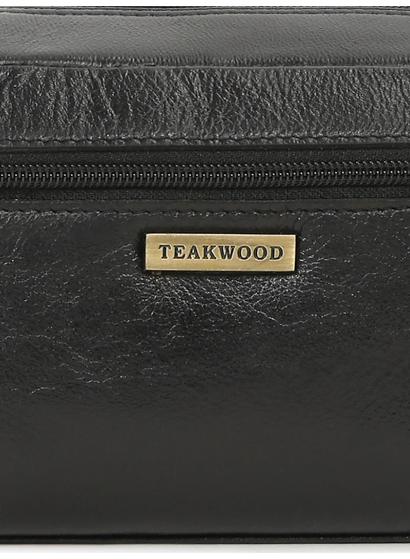 Teakwood  Teakwood Essentials Genuine Leather Travel Toiletry Bag | Large Capacity Cosmetic & Grooming Organizer | Front Zipper Pocket | Spacious Main Storage | Easy-Carry Wrist Handle | Travel Wash Bag for Men & Women | Black  | Best Price UAE