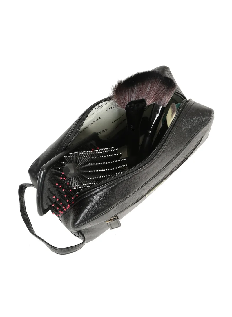 Teakwood  Teakwood Essentials Genuine Leather Travel Toiletry Bag | Large Capacity Cosmetic & Grooming Organizer | Front Zipper Pocket | Spacious Main Storage | Easy-Carry Wrist Handle | Travel Wash Bag for Men & Women | Black  | Best Price UAE