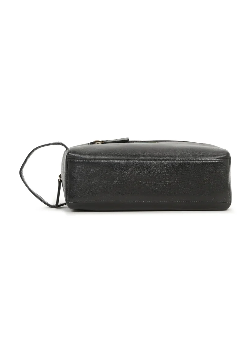 Teakwood  Teakwood Essentials Genuine Leather Travel Toiletry Bag | Large Capacity Cosmetic & Grooming Organizer | Front Zipper Pocket | Spacious Main Storage | Easy-Carry Wrist Handle | Travel Wash Bag for Men & Women | Black  | Best Price UAE