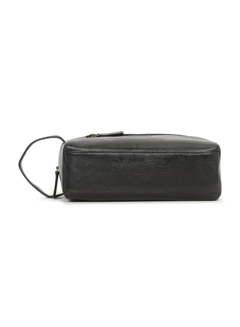 Teakwood Essentials Genuine Leather Travel Toiletry Bag | Large Capacity Cosmetic & Grooming Organizer | Front Zipper Pocket | Spacious Main Storage | Easy-Carry Wrist Handle | Travel Wash Bag for Men & Women | Black - Image 5