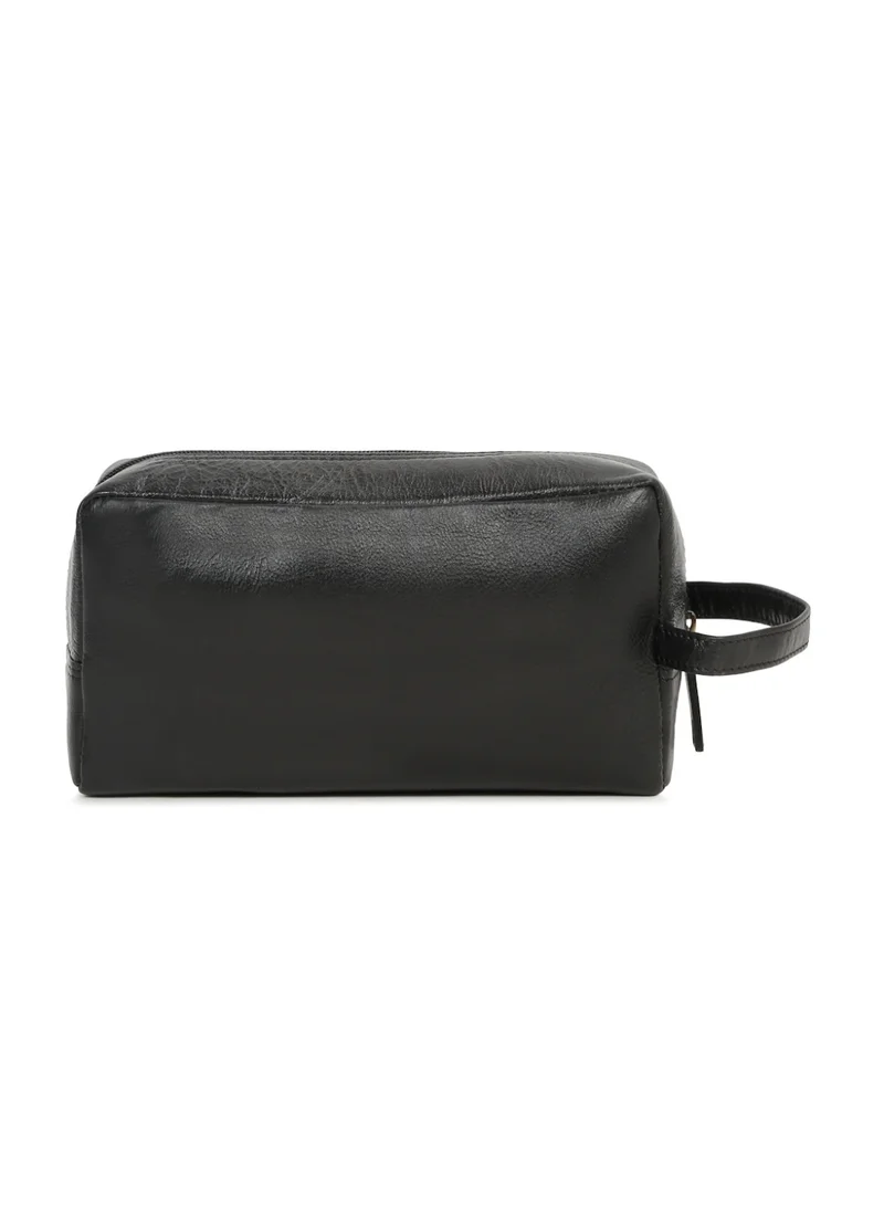 Teakwood  Teakwood Essentials Genuine Leather Travel Toiletry Bag | Large Capacity Cosmetic & Grooming Organizer | Front Zipper Pocket | Spacious Main Storage | Easy-Carry Wrist Handle | Travel Wash Bag for Men & Women | Black  | Best Price UAE